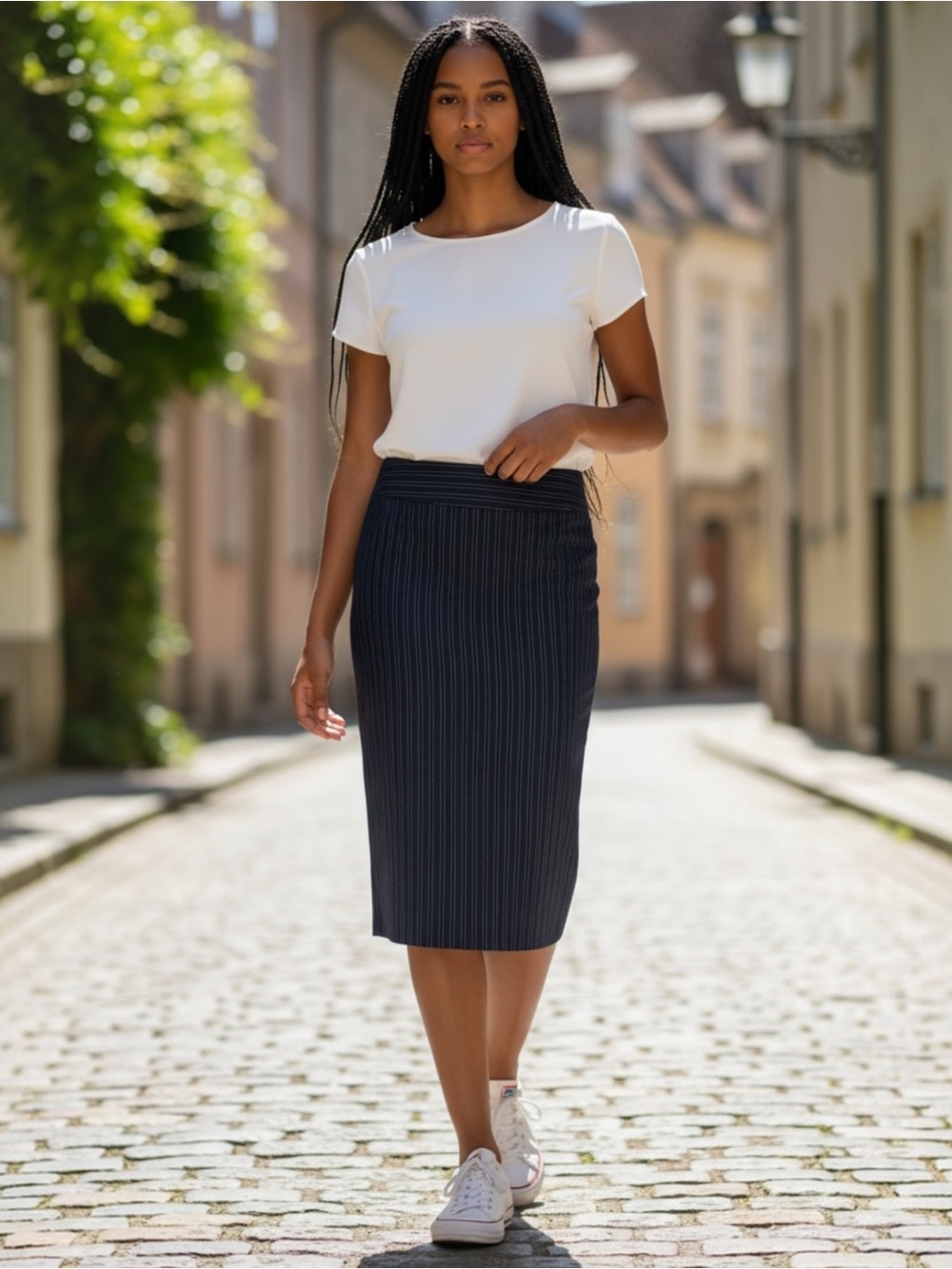 Candie's Pinstripe Pencil Skirt with Bows above Slits in Back